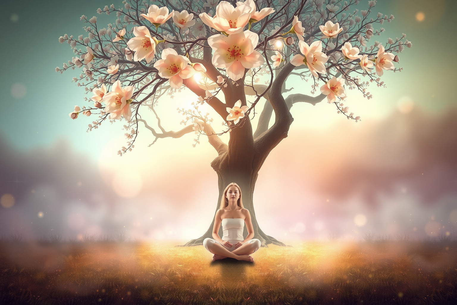 Sedersi sotto un albero in fiore simboleggia pace e rinascita interiore.