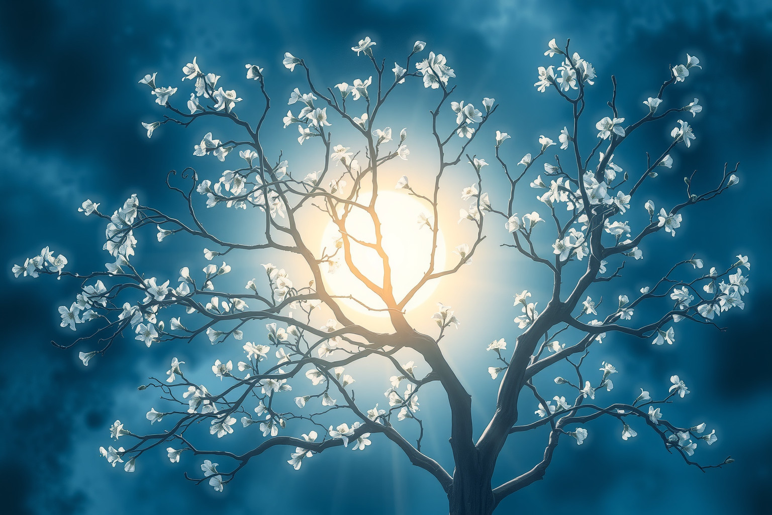 L'albero di Maggio illuminato evoca intuizione femminile e mistero notte.