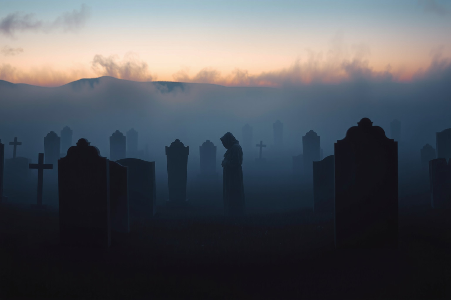 Sognare un becchino in cimitero desolato simboleggia trasformazione interiore profonda.