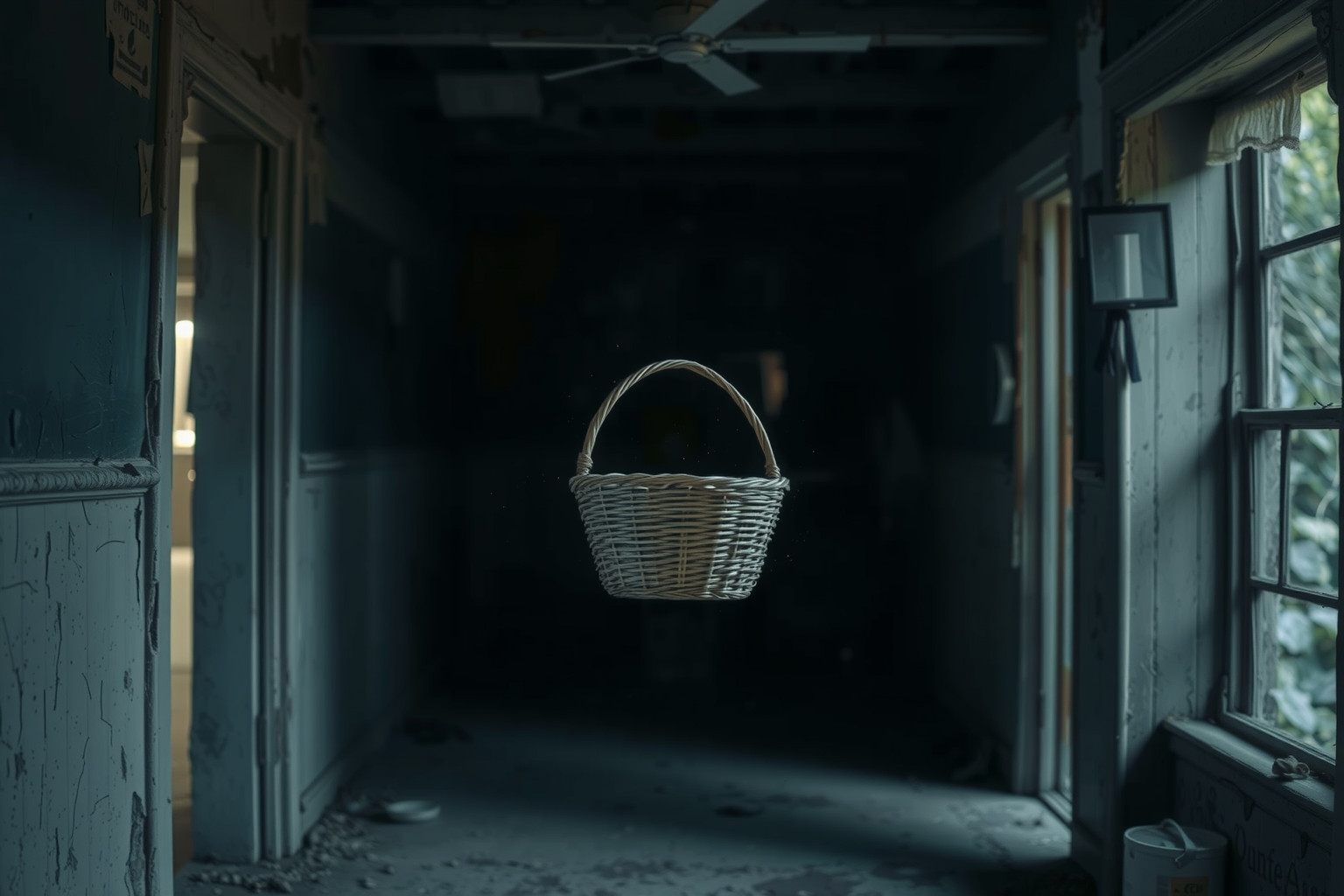 Un cesto vuoto in casa abbandonata simboleggia profonda solitudine interiore.