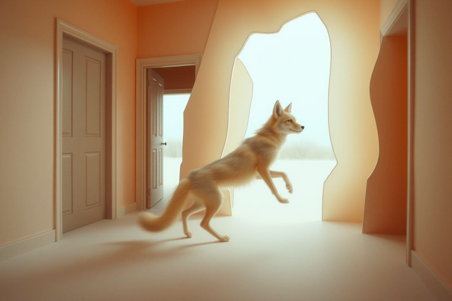 Sognare un coyote in casa simboleggia confini personali violati.