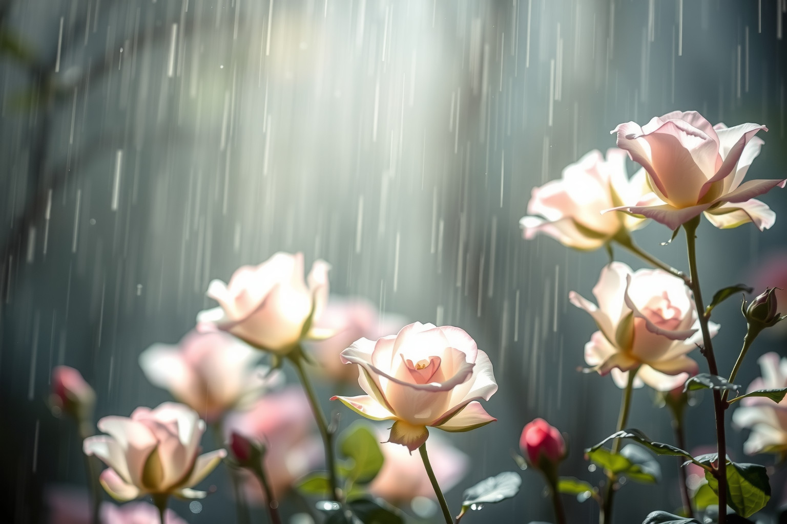 Sognare rose sotto la pioggia simboleggia rinascita e speranza.