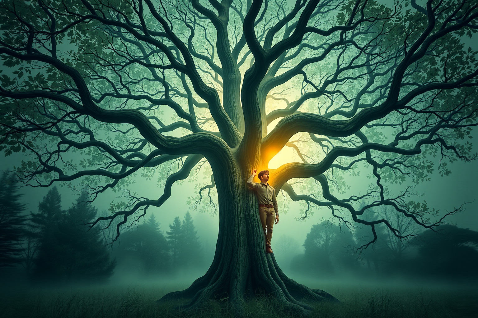 Il guardaboschi che diventa albero simboleggia crescita e radicamento.