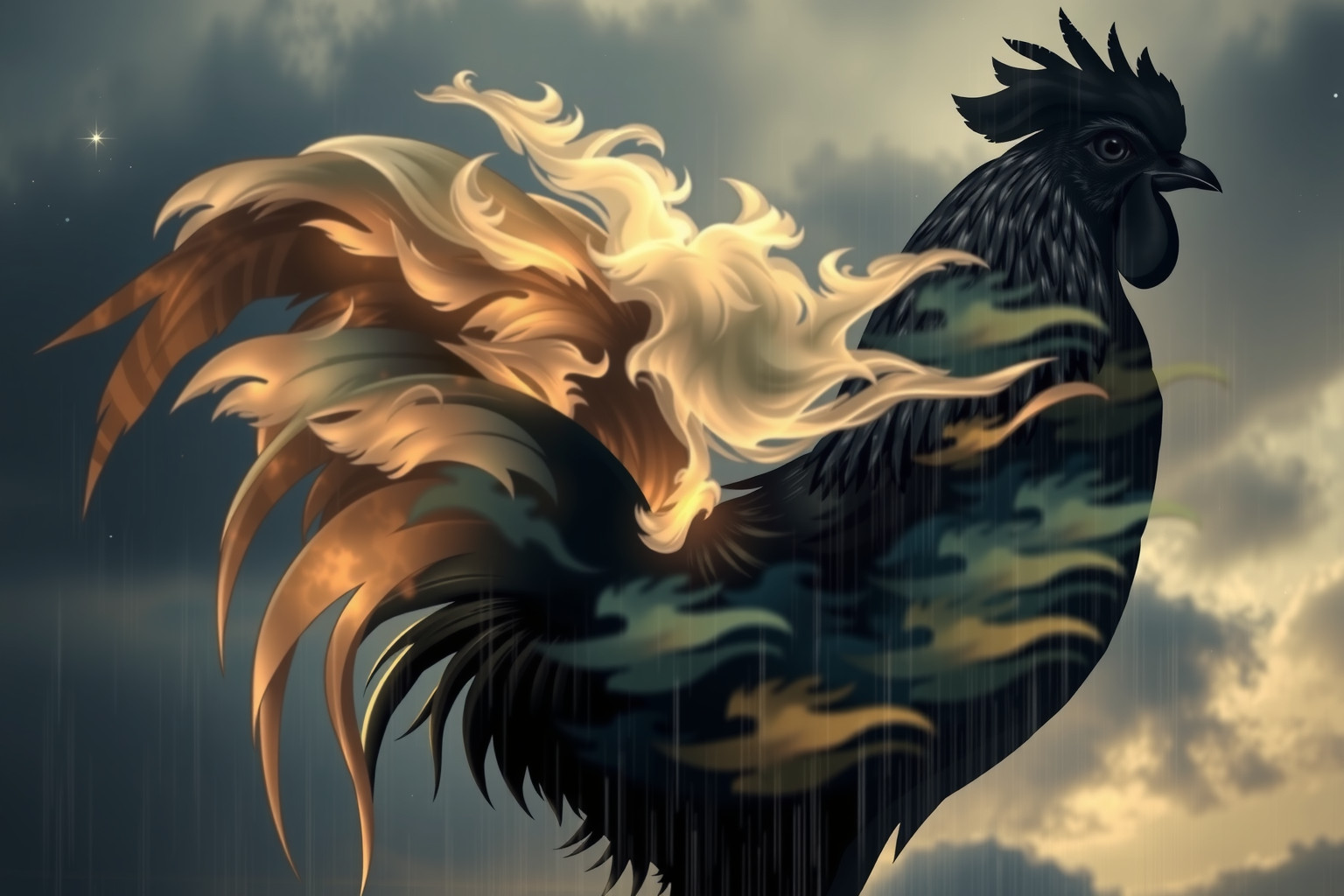 Sognare un gallo durante una tempesta simboleggia coraggio e resistenza.