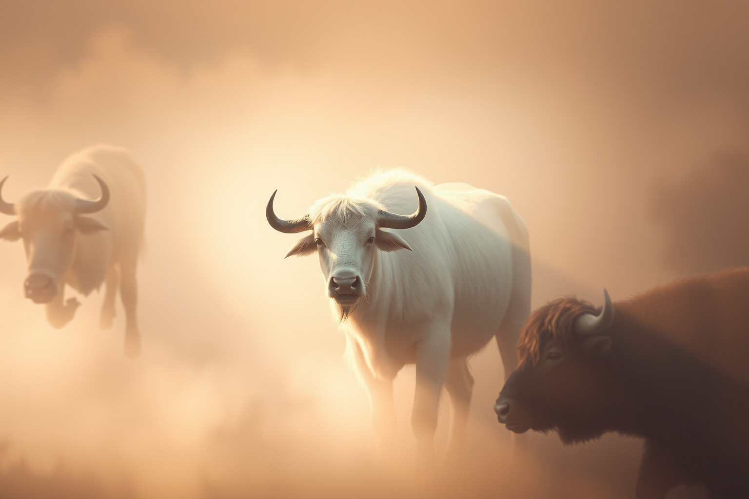 Sognare un bufalo bianco in mandria simboleggia forza e rarità.