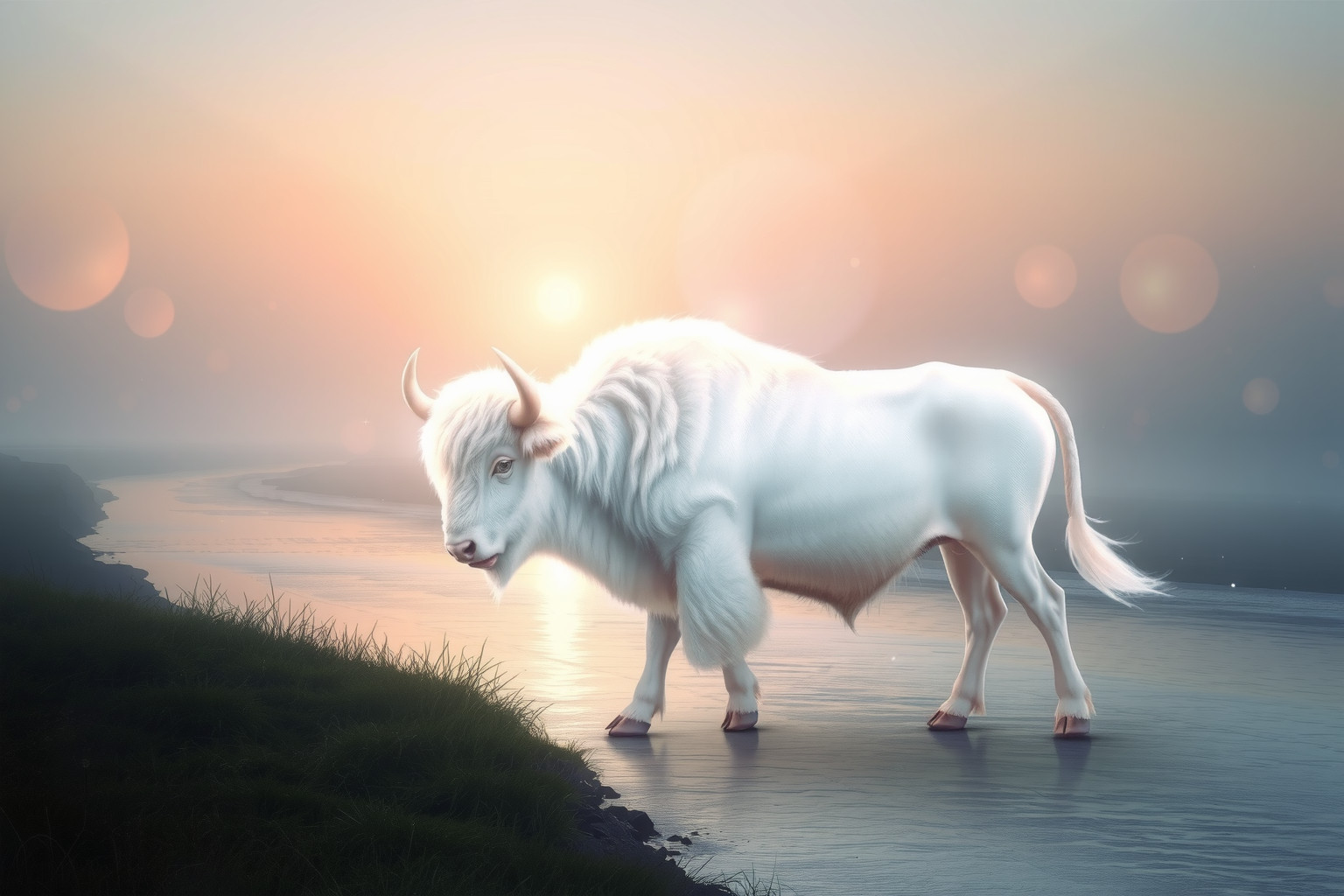 Sognare un bufalo bianco vicino a un fiume simboleggia purezza spirituale.