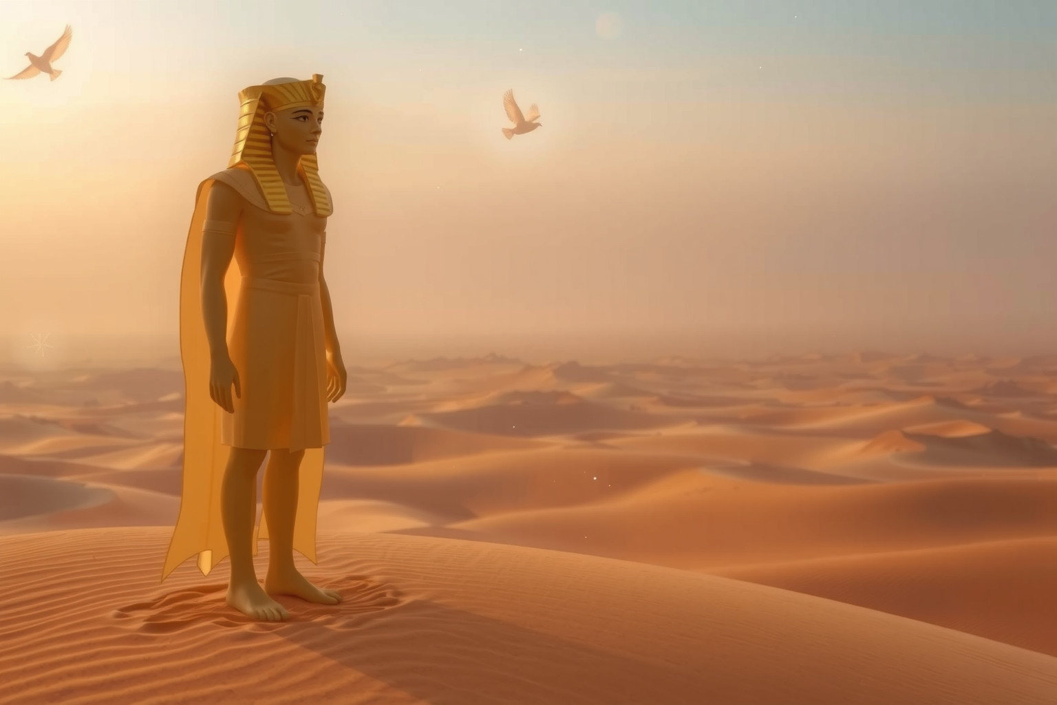 Sognare un faraone nel deserto simboleggia solitudine e ricerca interiore.