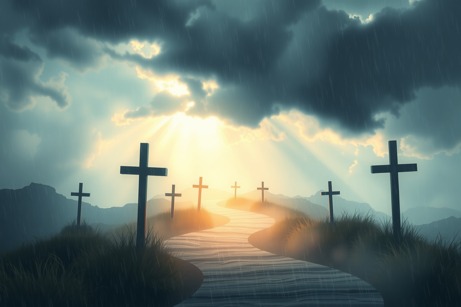 Sognare la via crucis sotto la tempesta simboleggia sofferenza interiore intensa.