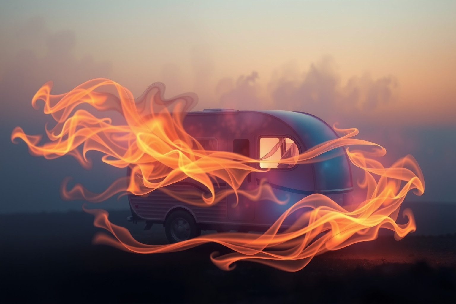 Sognare un caravan in fiamme indica trasformazione attraverso perdita intensa.