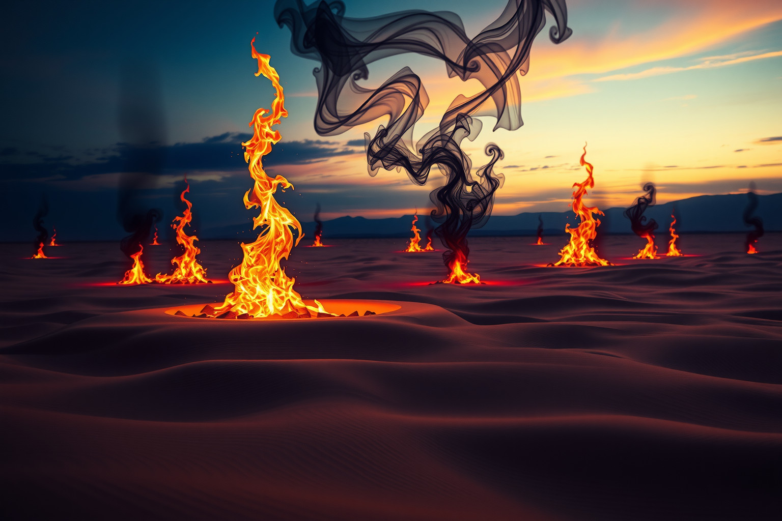 Sognare un fuoco nel deserto simboleggia passione e trasformazione interiore.
