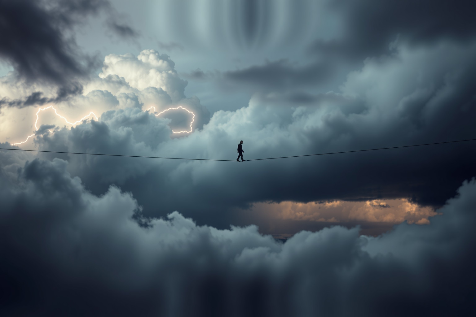 Sognare un funambolo in tempesta simboleggia equilibrio nelle difficoltà.
