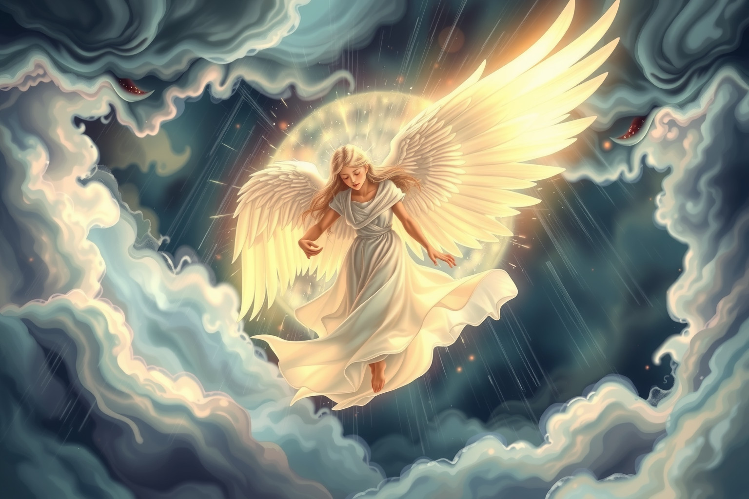 Sognare un angelo in tempesta simboleggia protezione nei momenti difficili.
