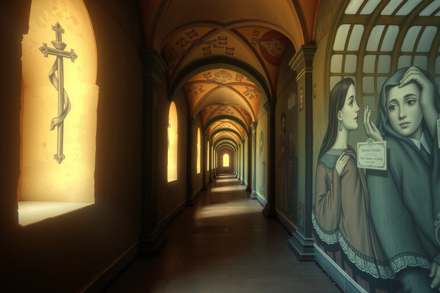 I dipinti nel corridoio richiamano memorie e lezioni spirituali profonde.