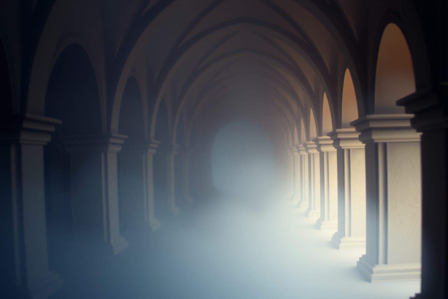 La nebbia nel corridoio monastico simboleggia confusione spirituale profonda.
