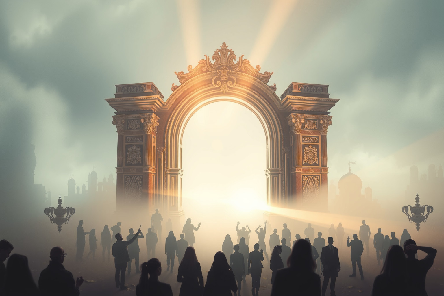 Sognare una porta d'onore con folla indica nuove opportunità sociali.