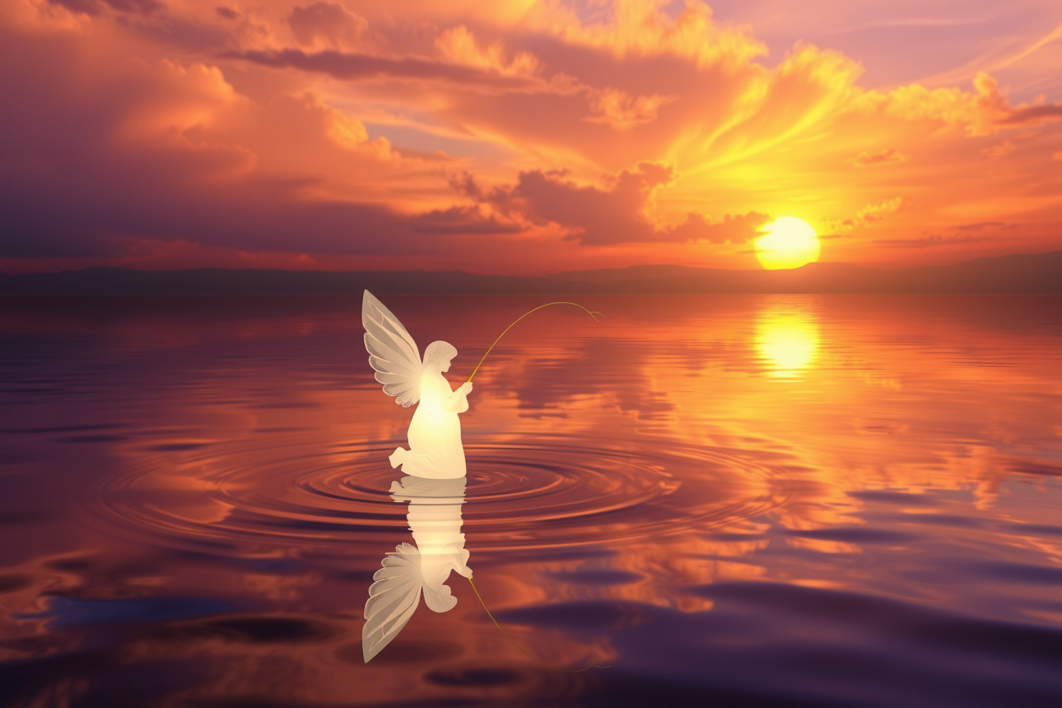 Sognare un angelo che pesca al tramonto simboleggia transizione interiore profonda.