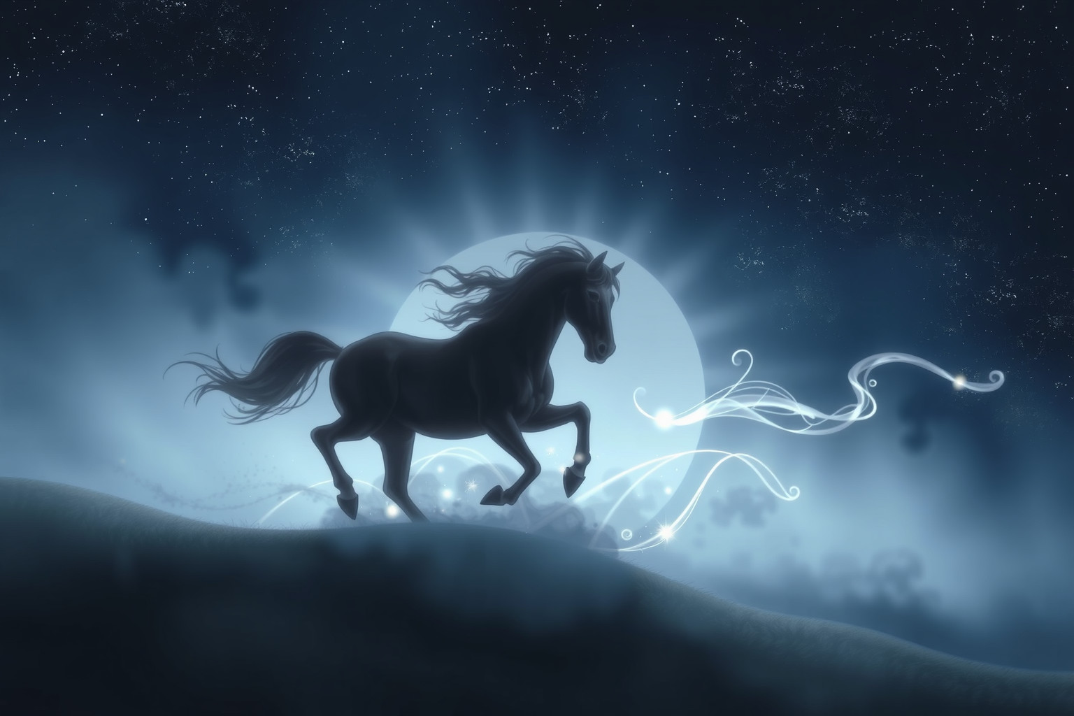 Il cavallo nero al galoppo simboleggia mistero e forza nascosta.