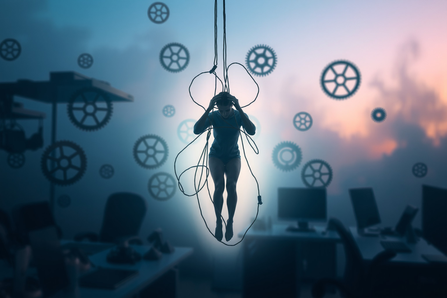Sognare impiccagione al lavoro simboleggia forte stress professionale.