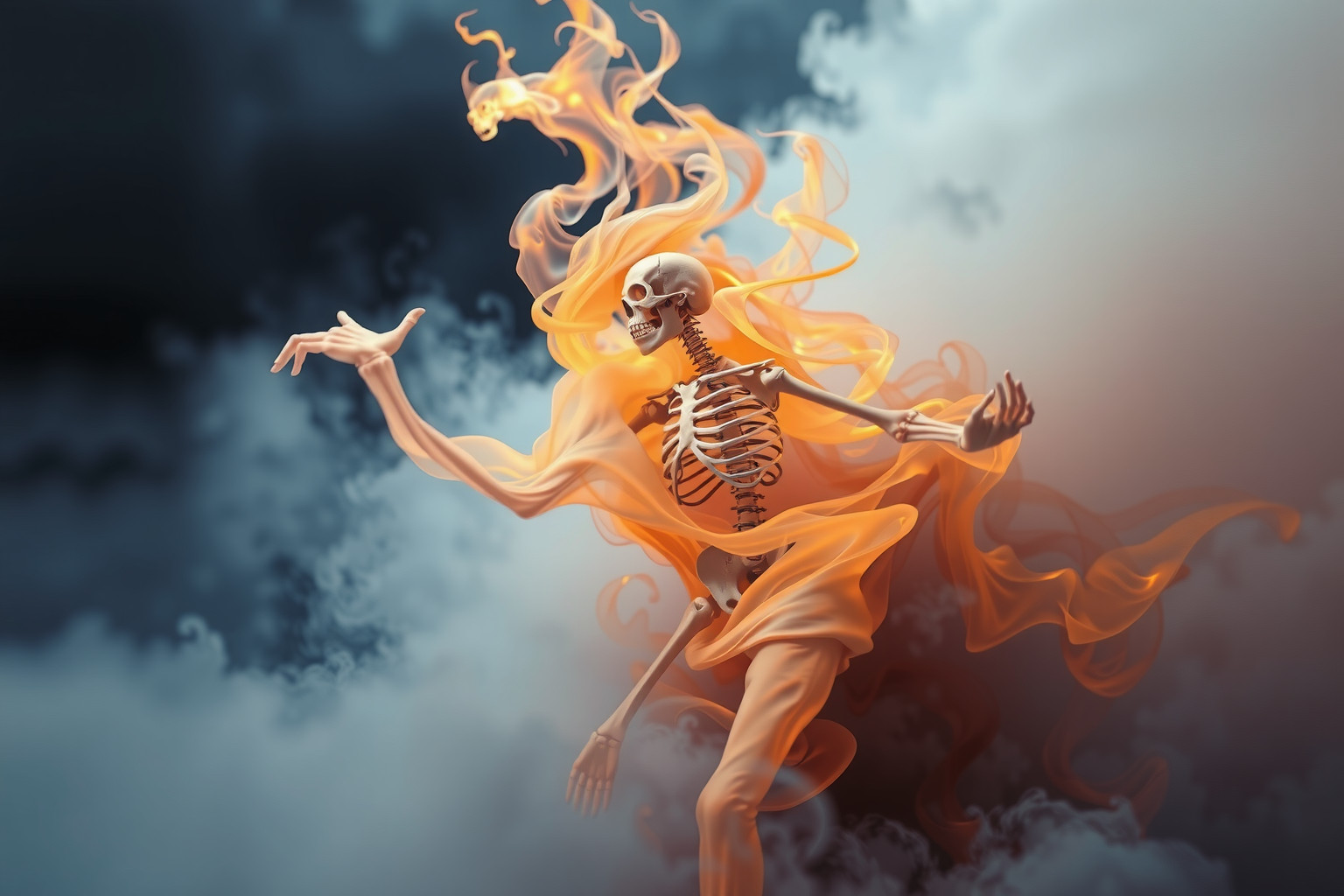 Sognare scheletro nel fuoco simboleggia rinascita attraverso sofferenza.