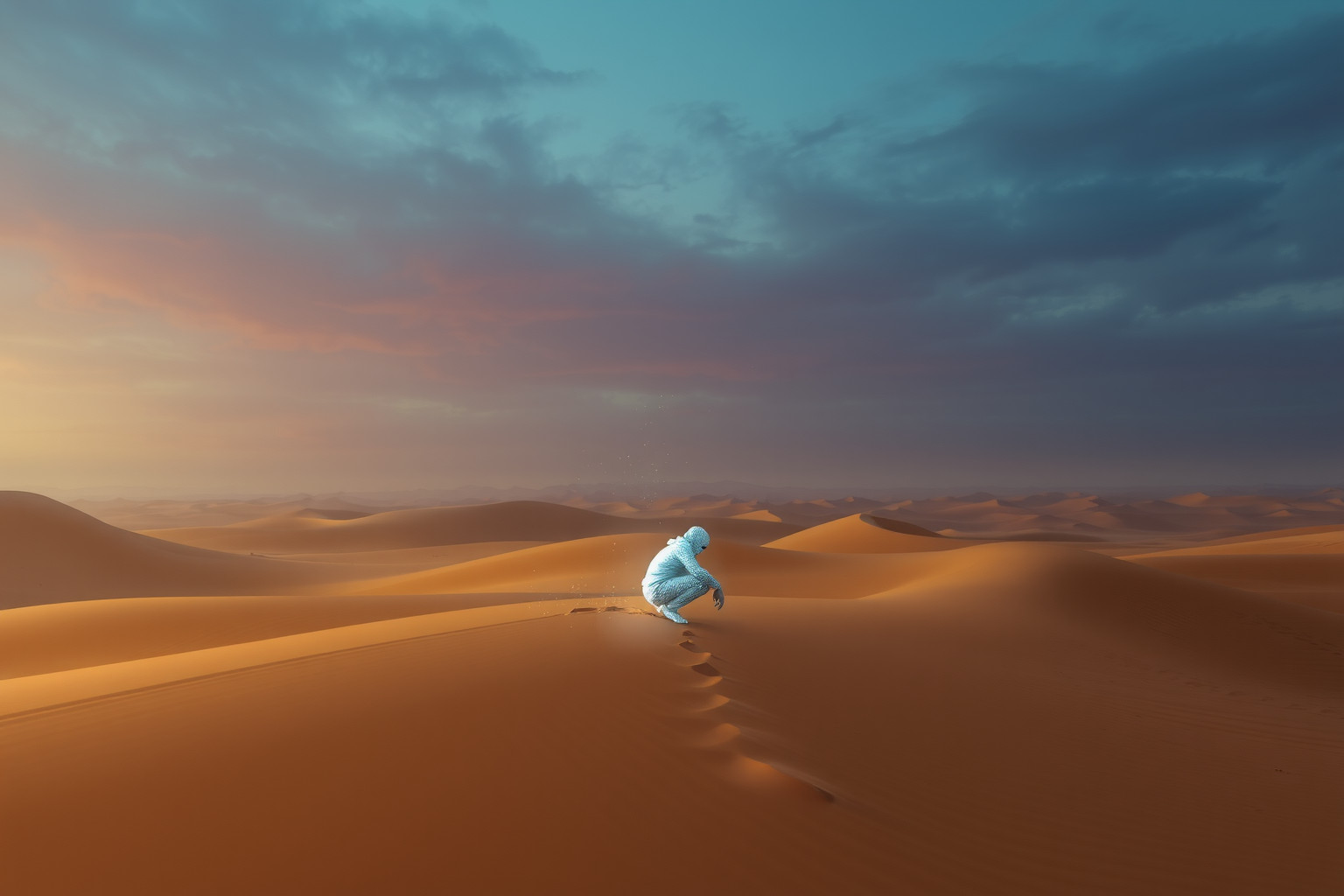 Accovacciarsi nel deserto simboleggia solitudine e introspezione profonda.