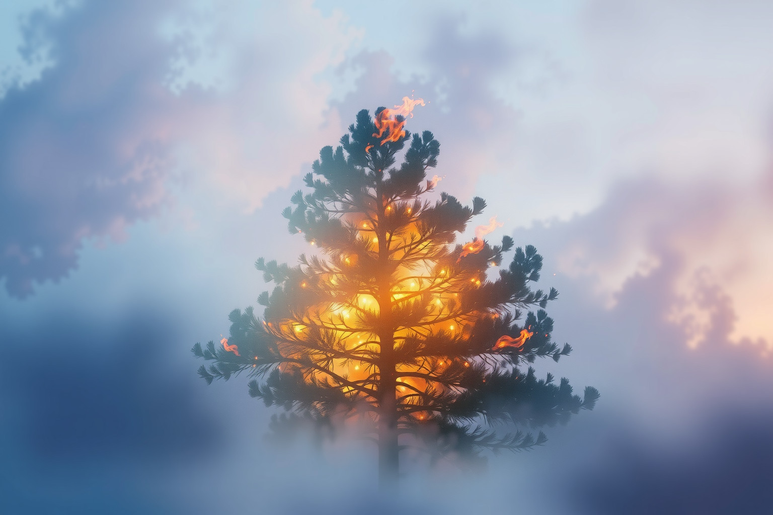 Sognare un pino domestico in fiamme simboleggia trasformazione interiore intensa.