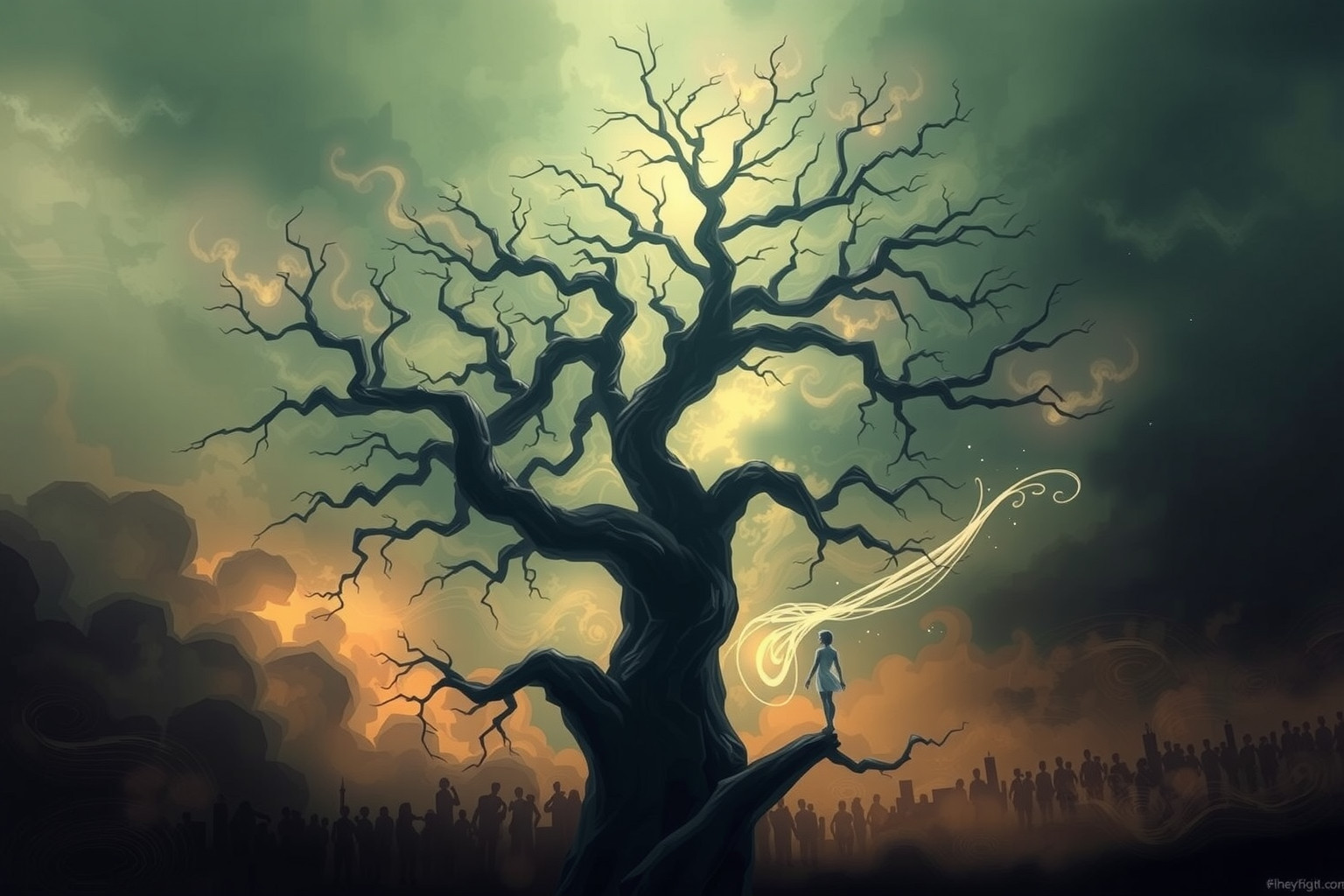 Scalare un albero tra popolacci simboleggia superare le sfide sociali.