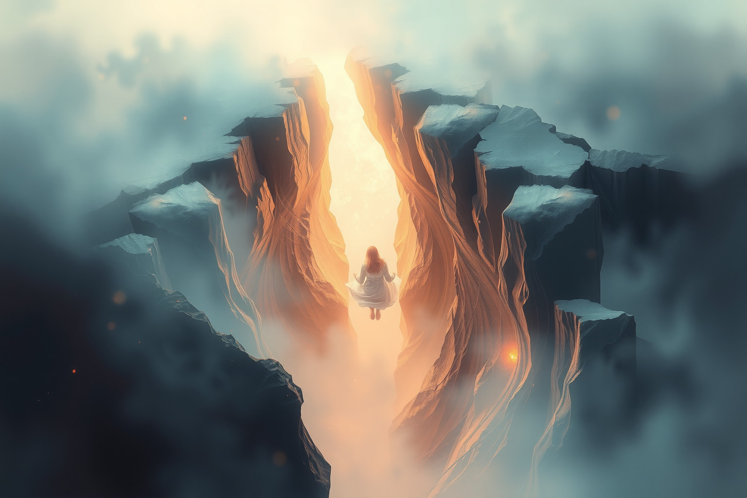 Sognare di cadere in una spaccatura indica paura di cambiamenti profondi.