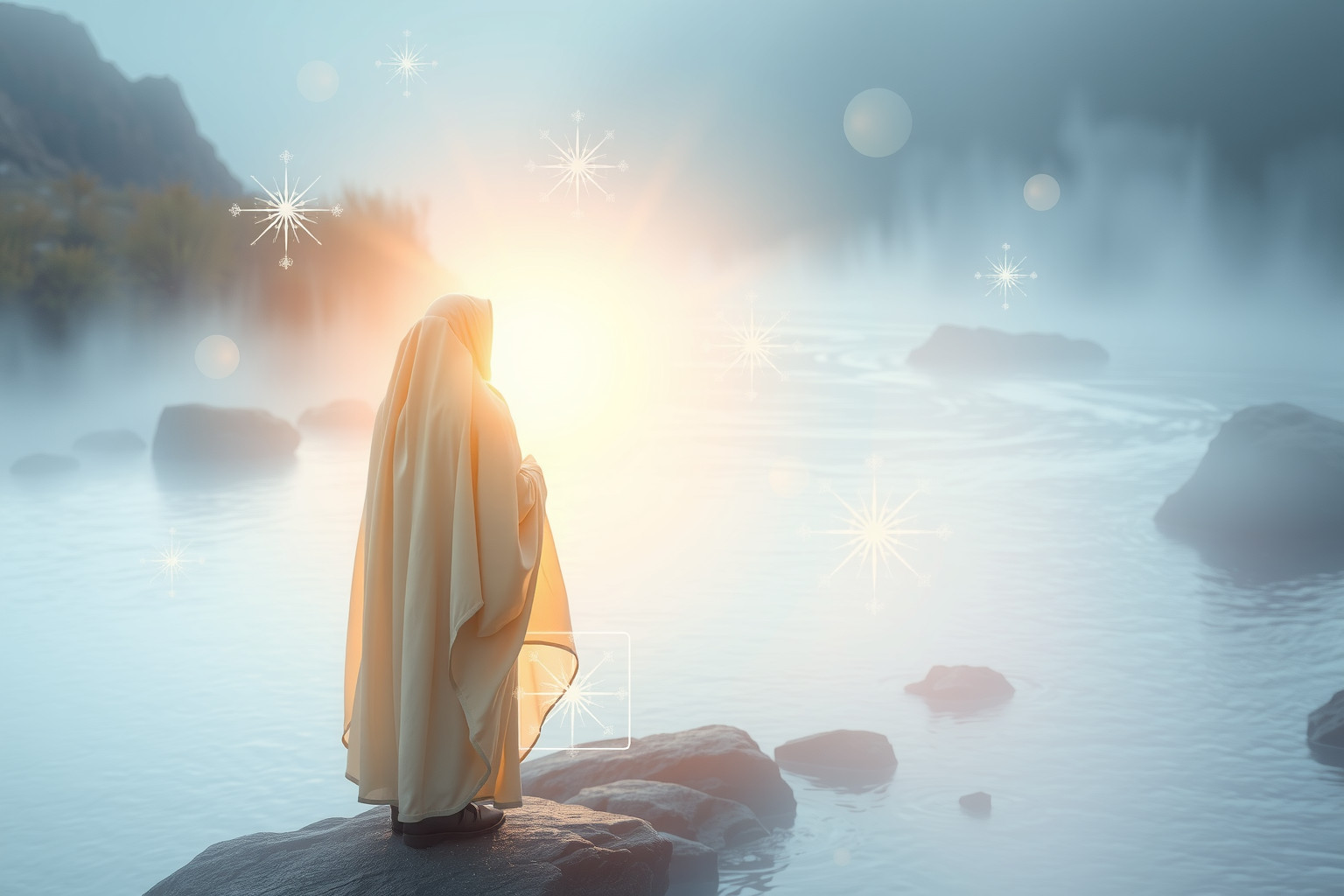 Sognare un pellegrino vicino a un fiume simboleggia un viaggio spirituale.