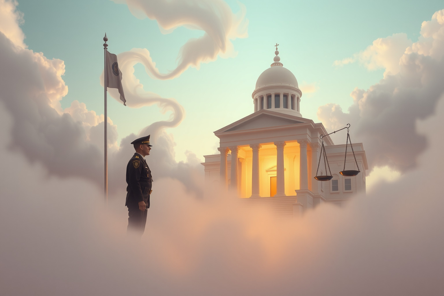 Sognare un poliziotto in tribunale simboleggia giustizia e giudizio interiore.