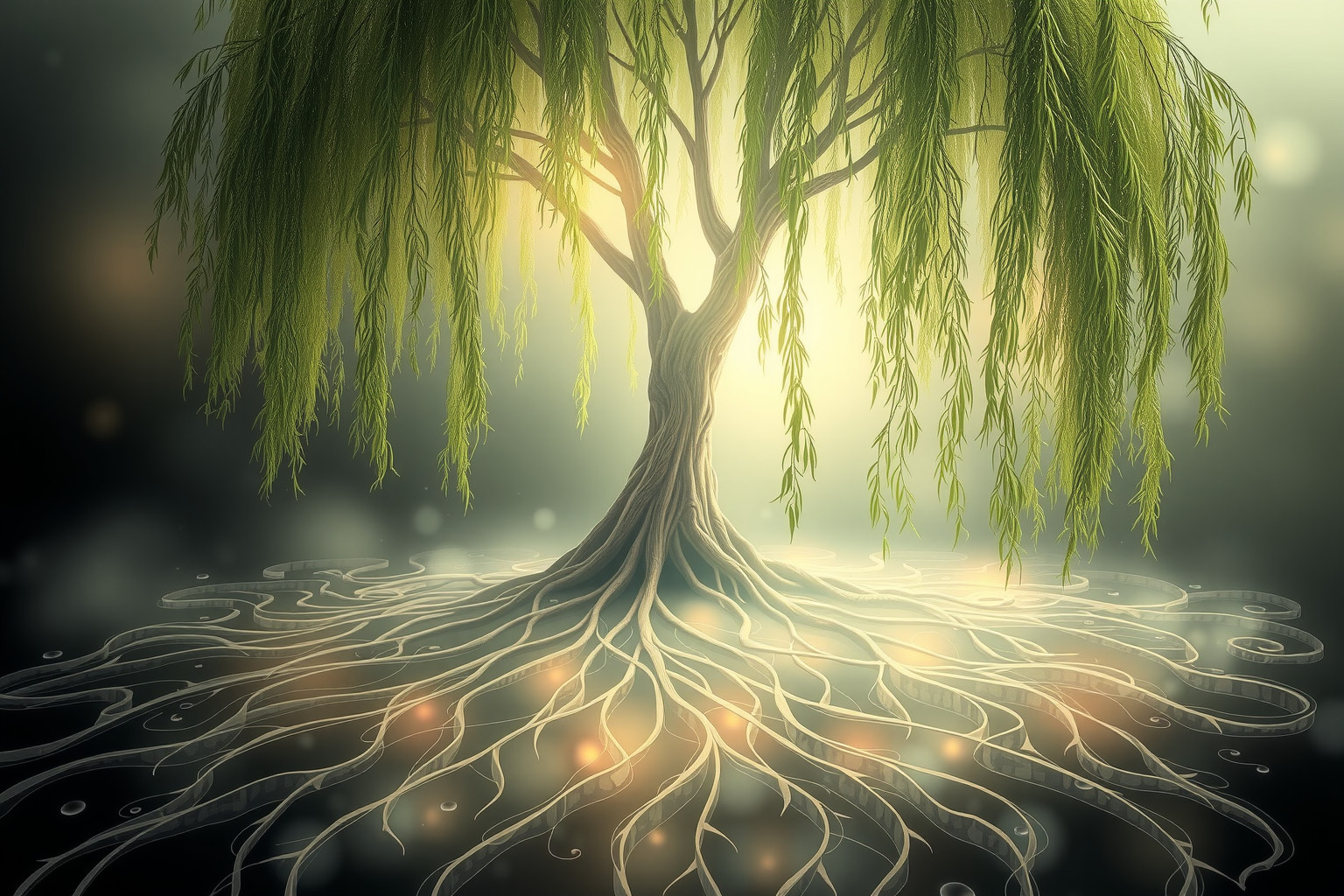 Sognare un salice con radici visibili simboleggia forza e stabilità interiori.
