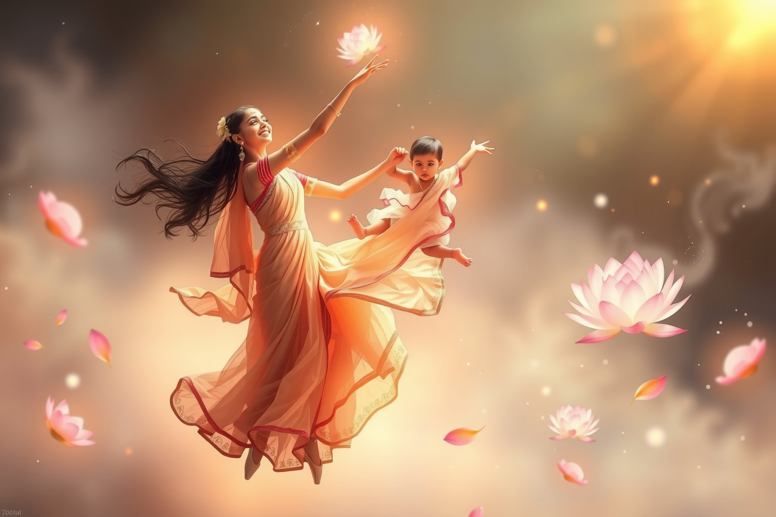 Sognare una ballerina indiana con un bambino simboleggia armonia familiare.