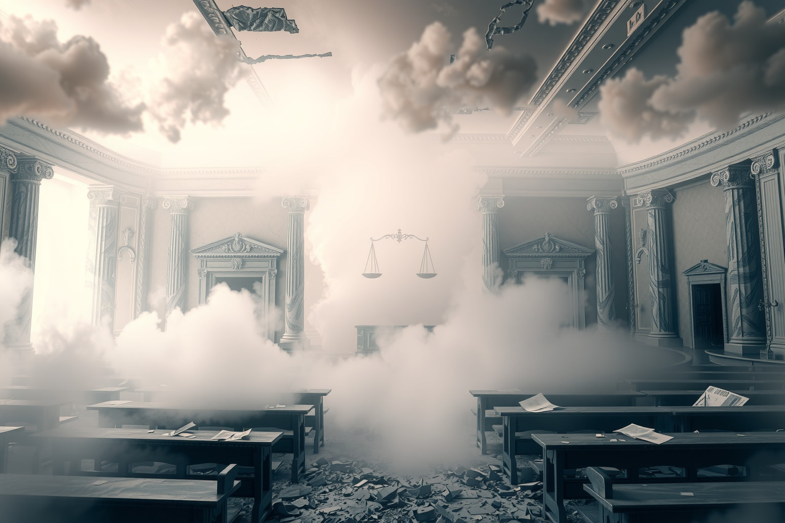 Sognare un’aula di tribunale in rovina indica conflitti interiori irrisolti.