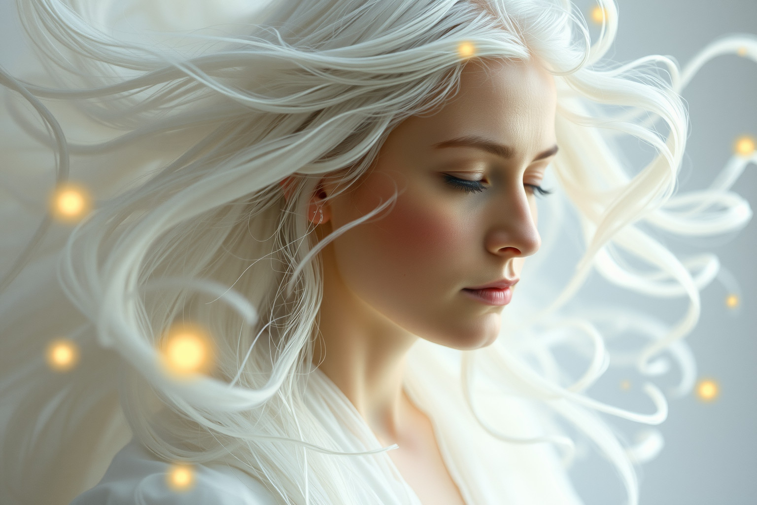I capelli bianchi nei sogni simboleggiano saggezza e cambiamento interiore.