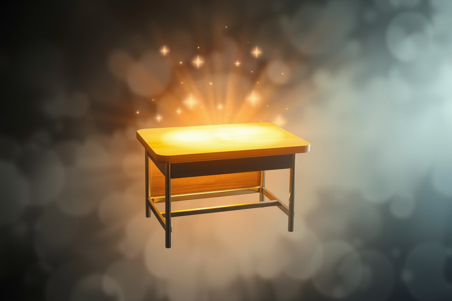 Un banco di scuola illuminato simboleggia nuova consapevolezza e apprendimento.