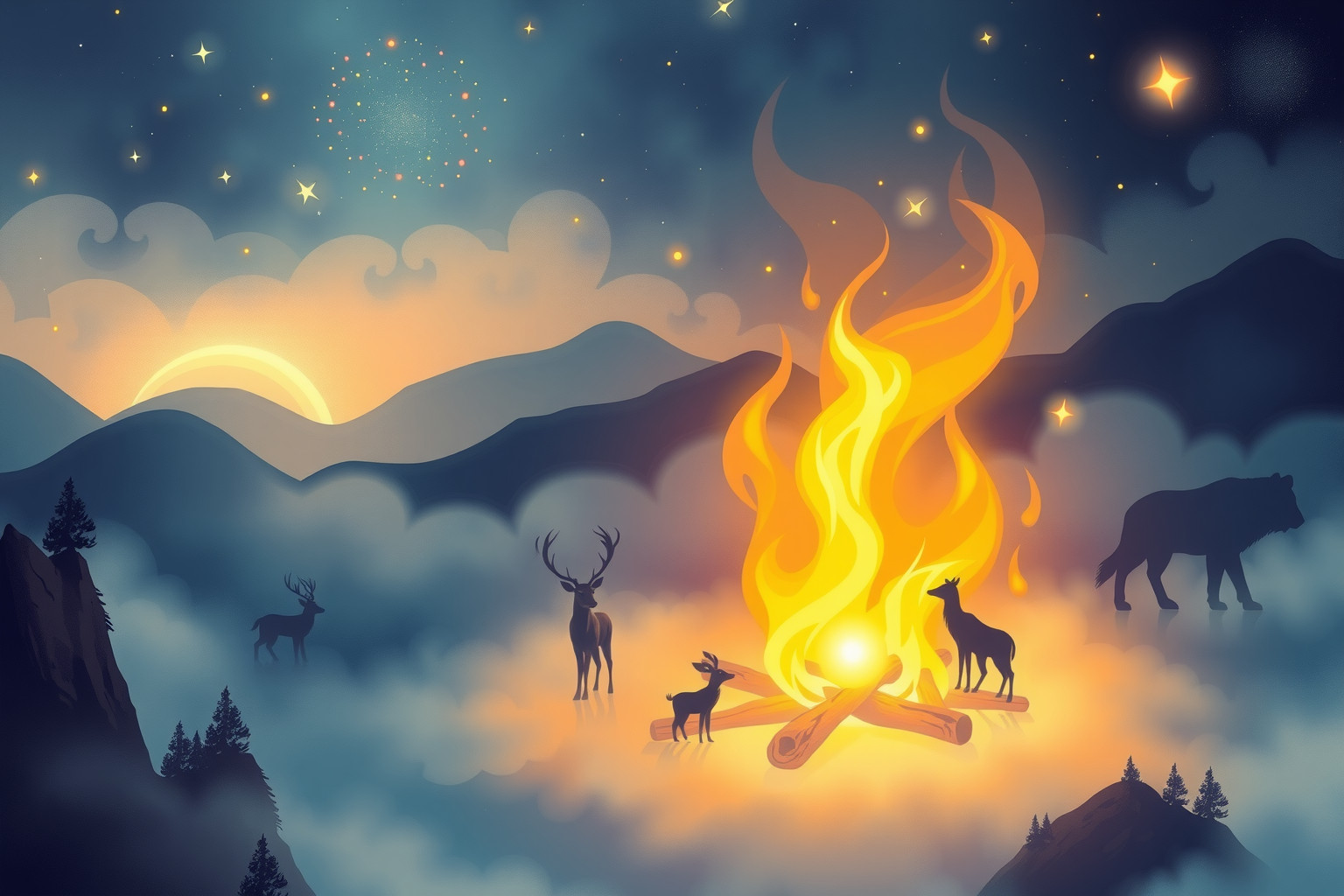 Sognare un falò circondato da animali simboleggia protezione istintiva.