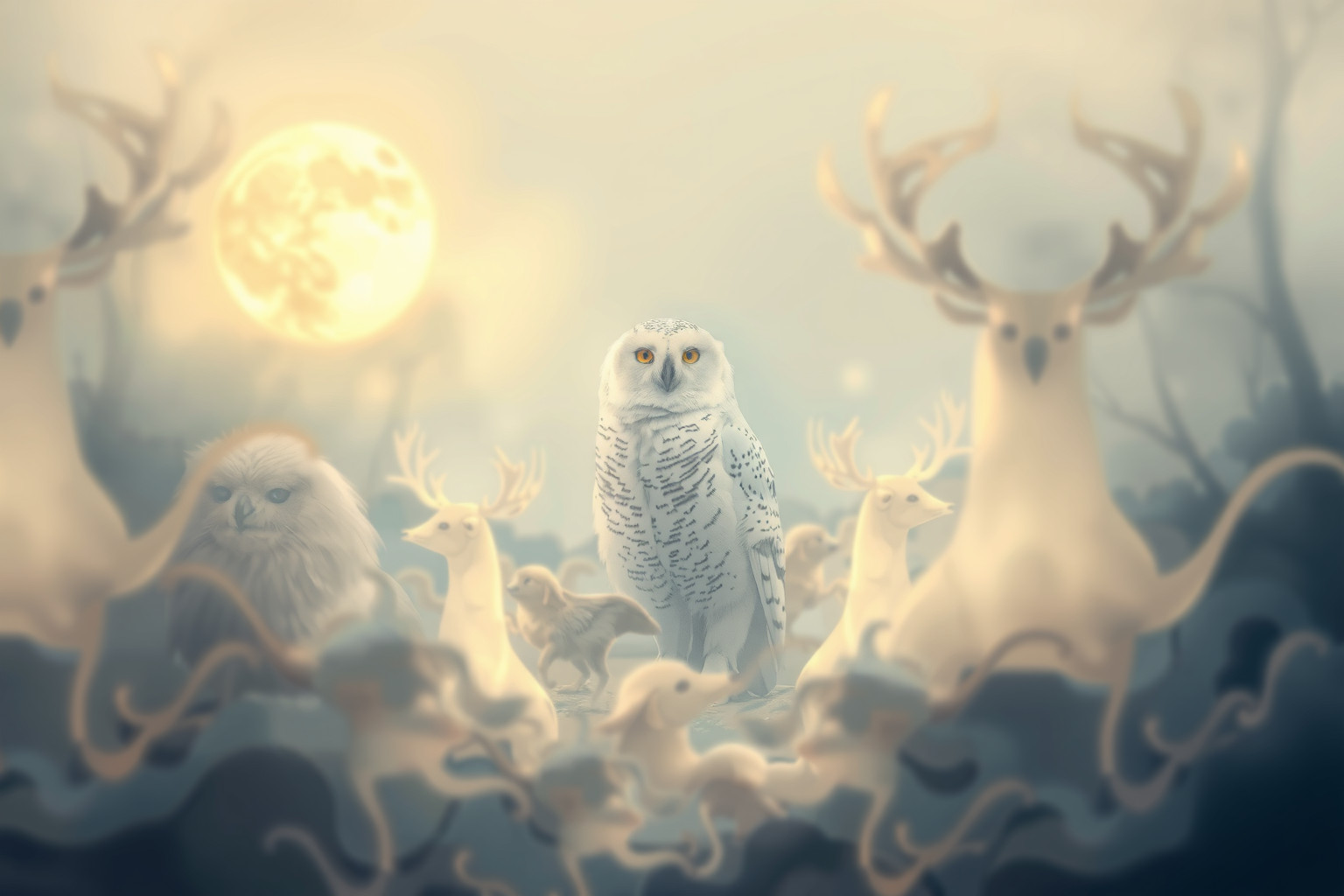 Sognare un gufo delle nevi con altri animali simboleggia equilibrio naturale.