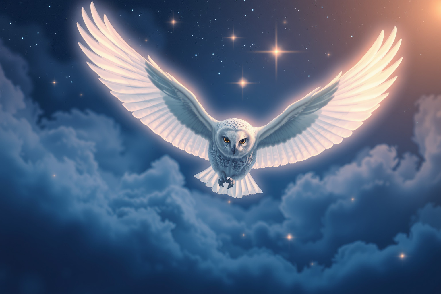 Sognare un gufo delle nevi in volo notturno simboleggia saggezza nascosta.