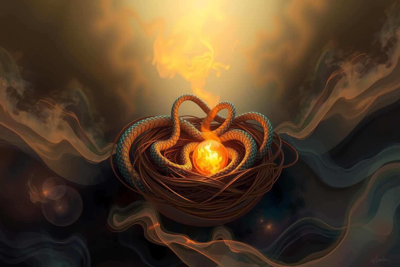 Sognare un nido di serpi vicino al fuoco simboleggia conflitti interiori.