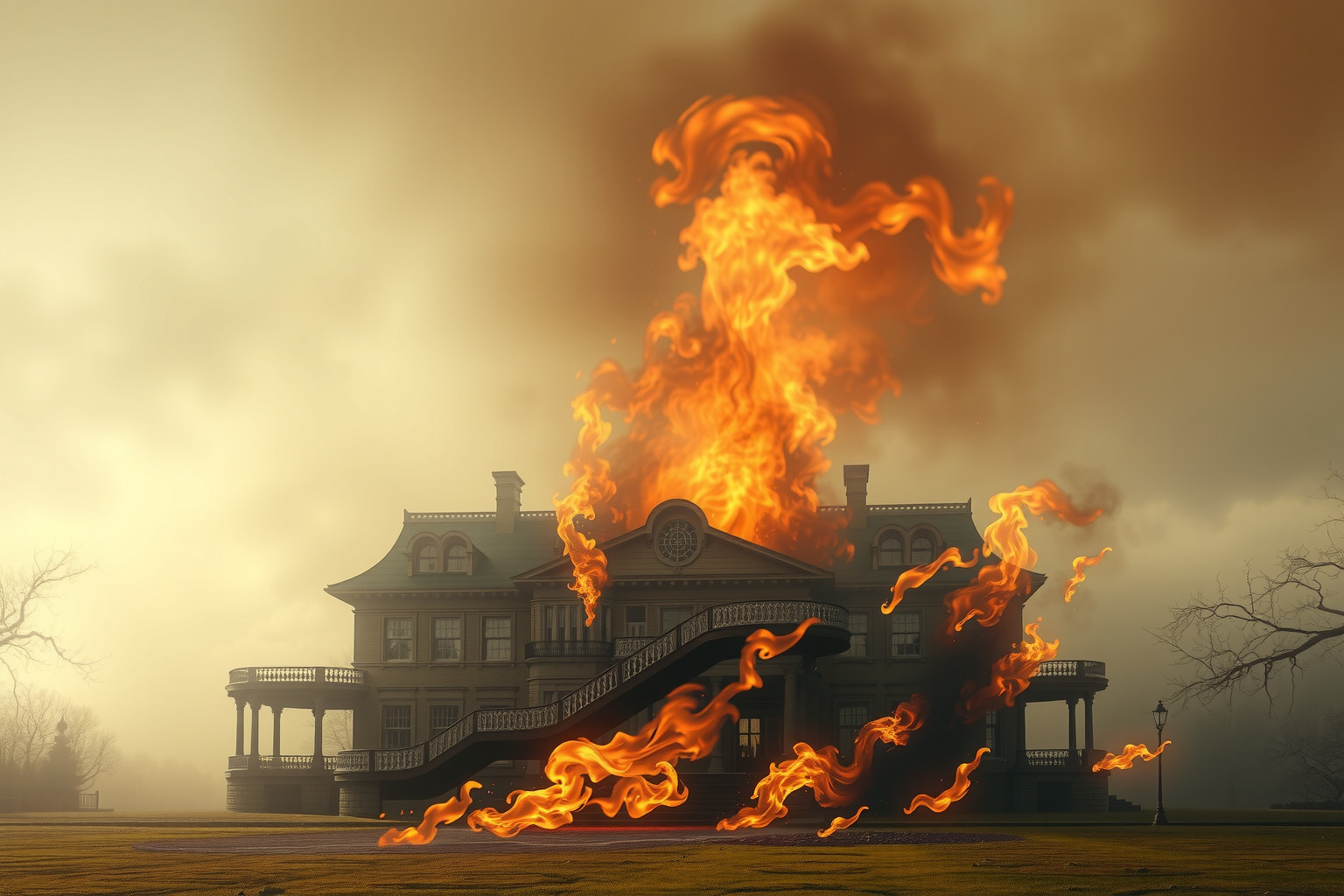 Sognare una casa padronale in fiamme simboleggia trasformazione imminente.