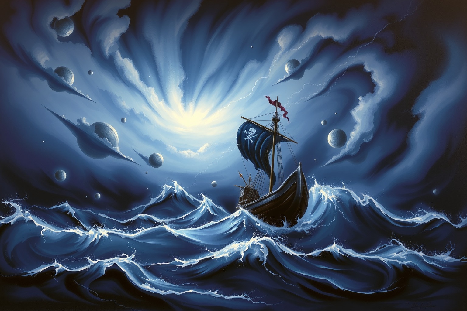 Sognare una nave pirata in tempesta simboleggia lotta interiore intensa.