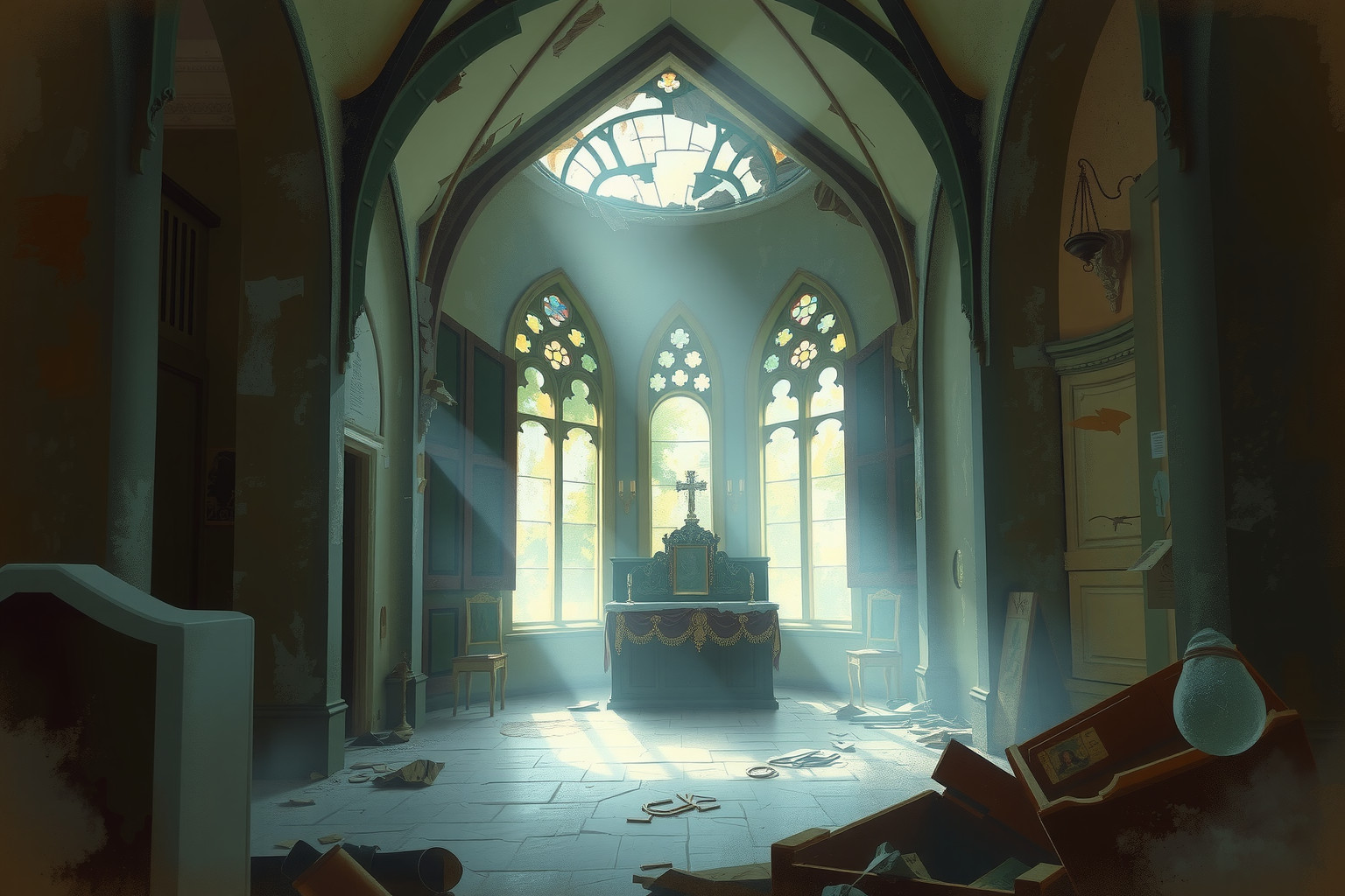 Sognare sacrestia in rovina simboleggia crisi spirituale o dubbi profondi.