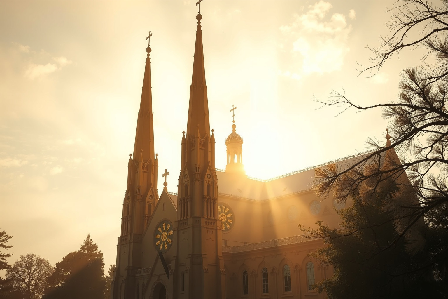 La luce solare sulla cattedrale simboleggia chiarezza spirituale e speranza.
