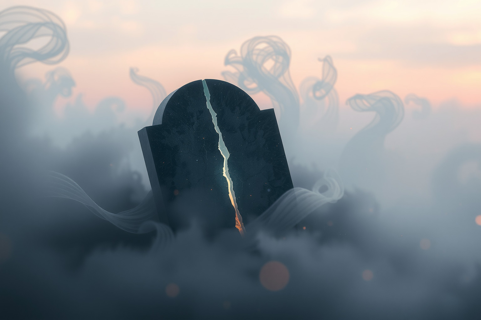 La lapide danneggiata simboleggia fragilità emotiva e incompiutezza.