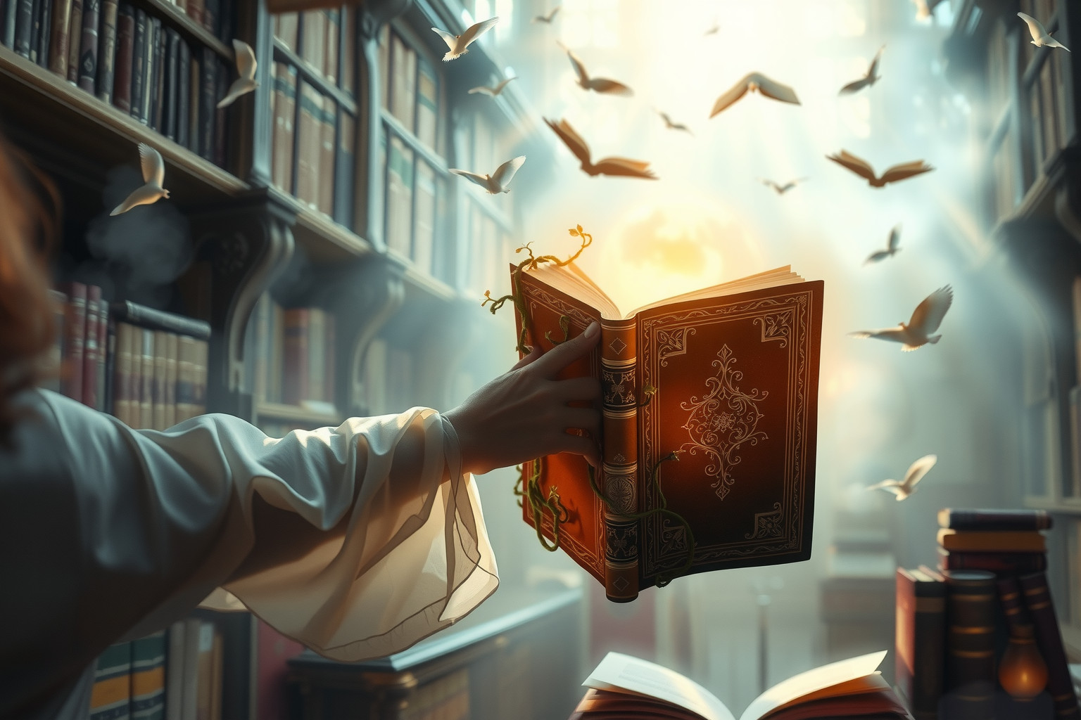 Sognare un bibliotecario con libro antico simboleggia saggezza nascosta.