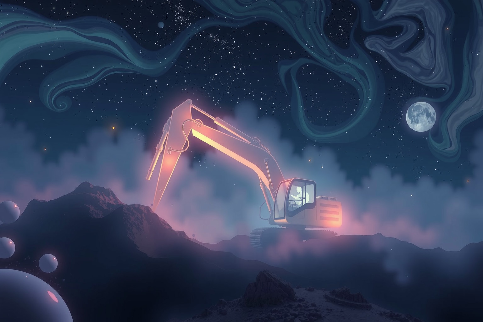 Sognare escavatore notturno indica lavoro nascosto e trasformazioni interiori.