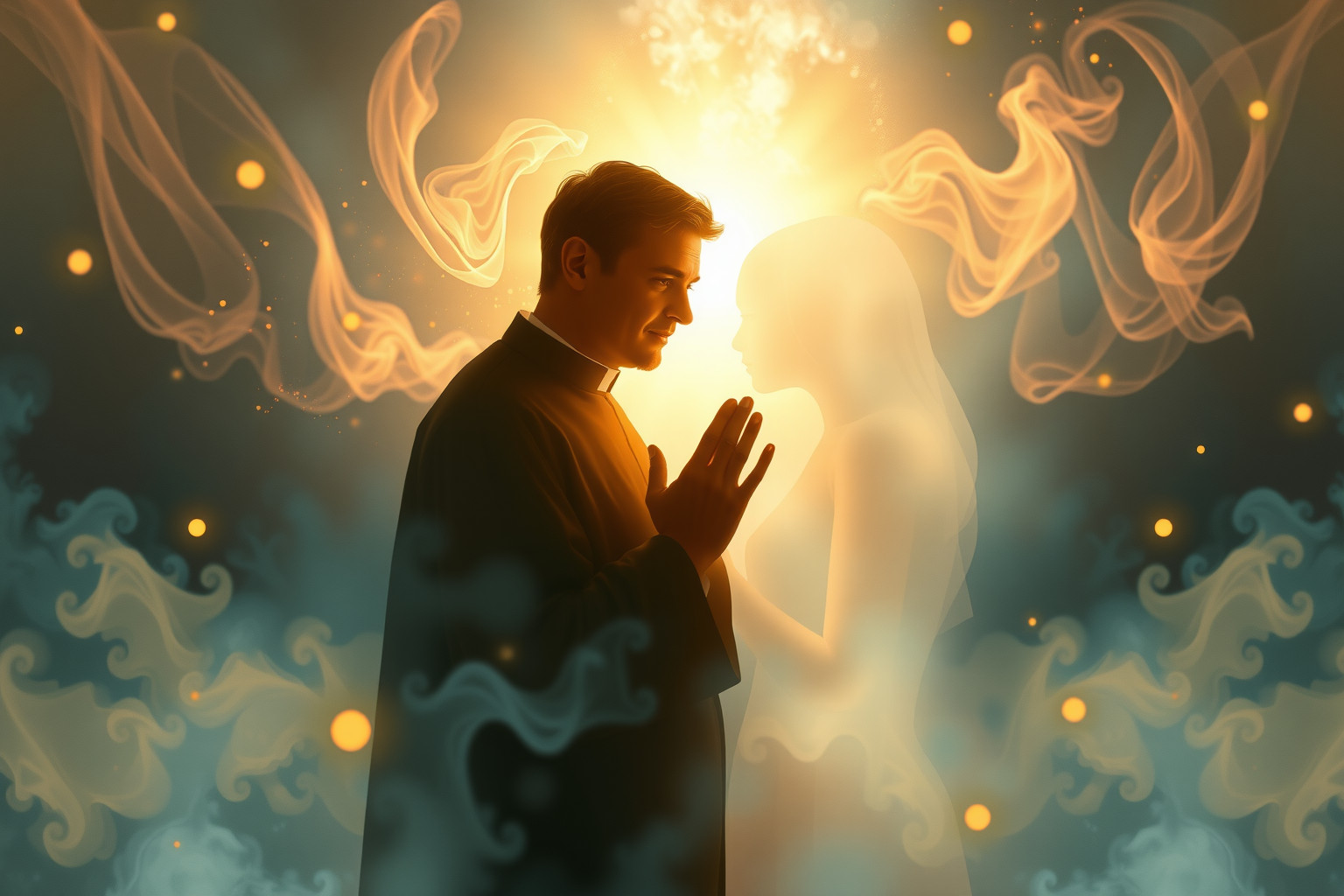 Sognare un padre confessore che confessa segreti indica verità nascoste interiori.