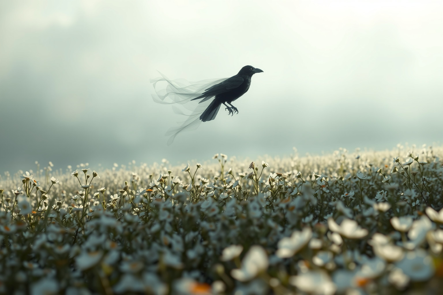 La cornacchia solitaria simboleggia speranza tra contrasti naturali.