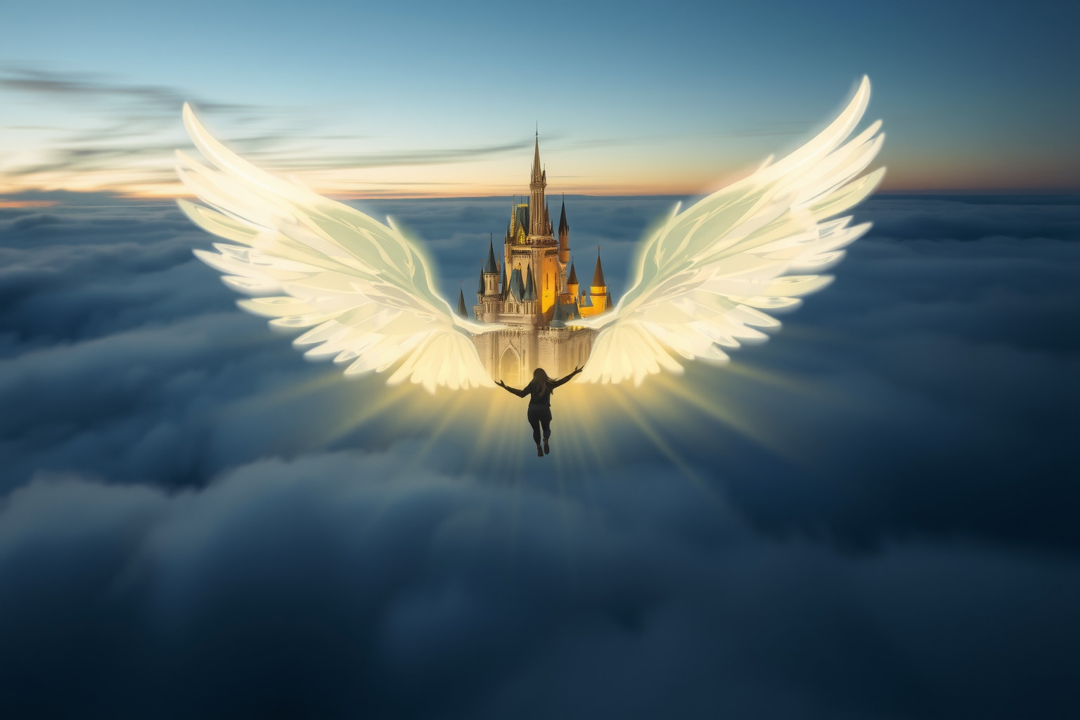 Volare sopra un castello magico simboleggia libertà e potere nascosto.