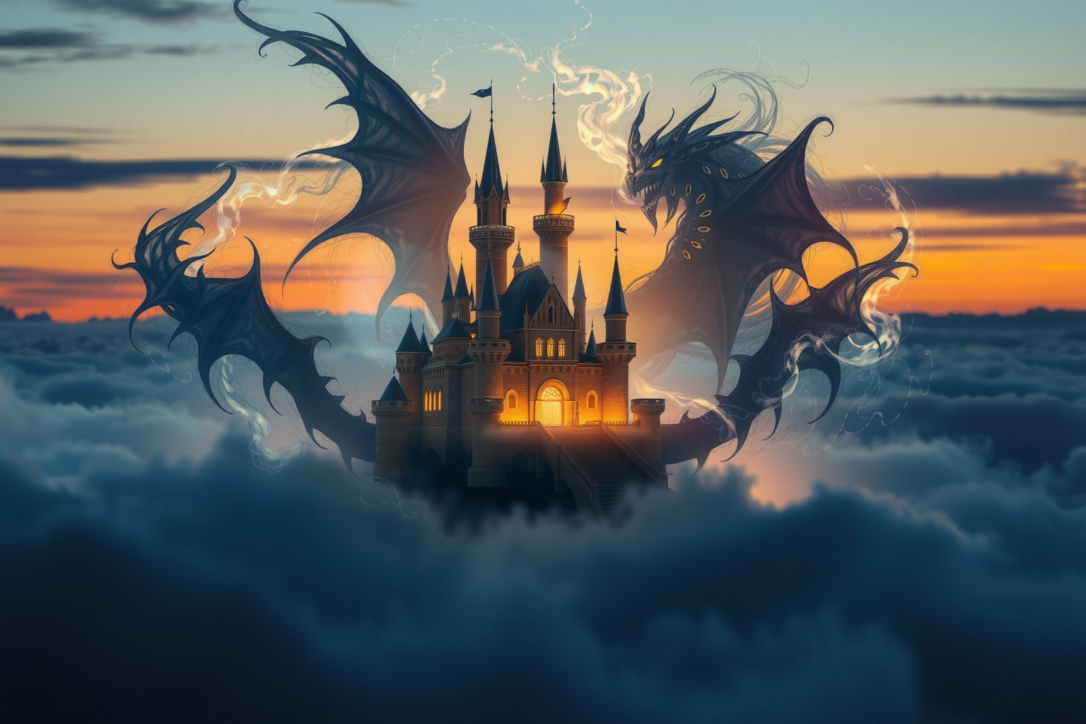 Nel sogno, draghi proteggono il castello da minacce oscure.