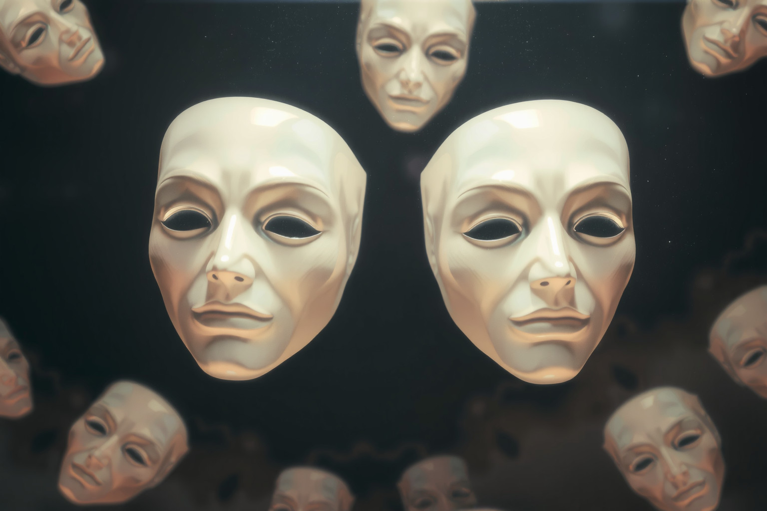 La vetrina di maschere riflette il timore del giudizio sociale.